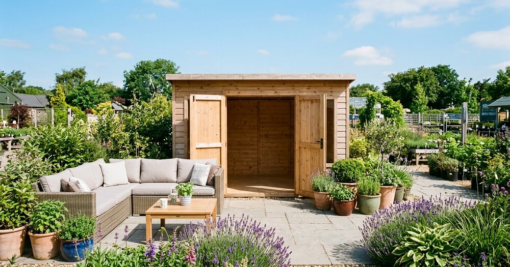 Ex-display garden summer house and rattan furniture set at a garden centre