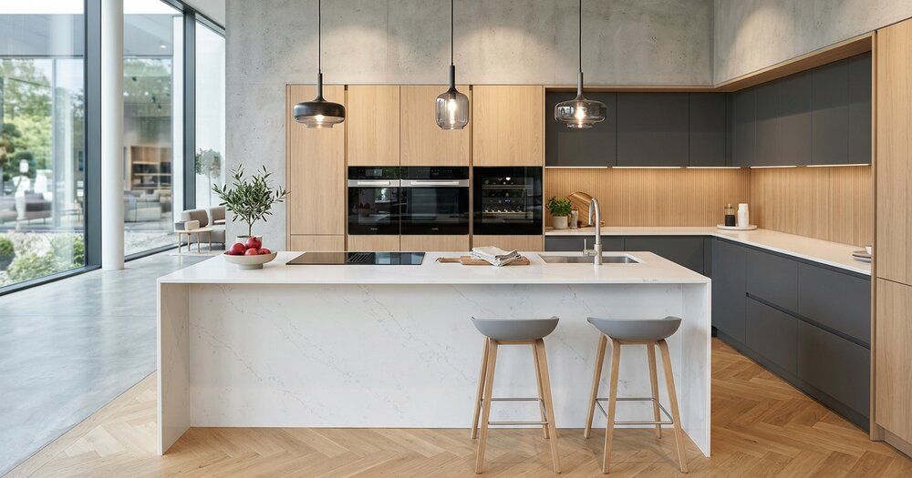 Ex-display showroom kitchen with a quartz island and integrated appliances