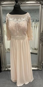 Beautiful blush lace and chiffon gown with pearl belt and full lace back. Size 22/24