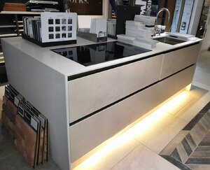 Italian Gory Cucine Kitchen Island With Fenix Pocket Doors And Smeg Appliances