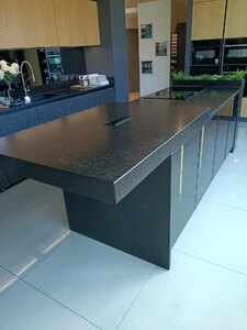 Ex-Display German Hacker Kitchen In Black Star And Elegant Oak With Quartz Worktops