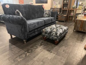 Large Blue Velvet Sofa with High Back, Chesterfield Arms and Footstool, Ex-Display