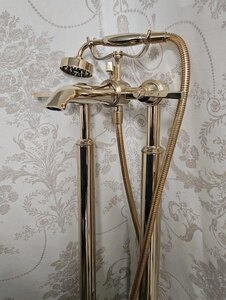 Fired Earth Empire Floor Mounted Bath Mixer And Hand Shower, Ex-Display, Polished Gold