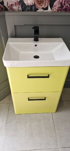 Sonas Yellow Vanity, 2 Drawer, Floorstanding, Basin, Black Tap & Plug, Ex-Display