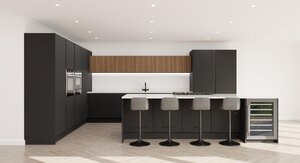 Handleless Matt Black L-Shape Kitchen With Island, Rigid Built, Blum