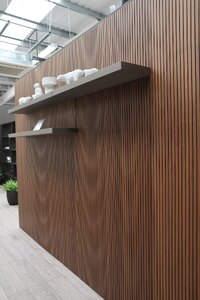 Designer Italian Walnut Slatted Wall Panel with Shelves | Ex-Display