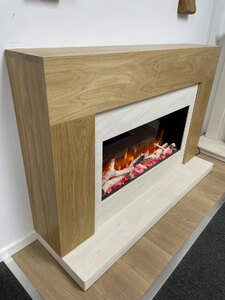 Oak Surround with Electric Fire and Limestone Set 54 Inch Ex-Display