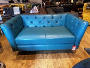 Ex-Display Handmade 2 Seater in Aqua Blue Leather Chesterfield Sofa, Settee