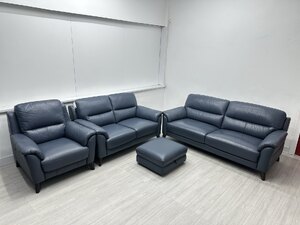 Ex-Display DFS 3 Seater Sofa, 2 Seater Sofa, Power Armchair & Footstool in Denim Blue Leather