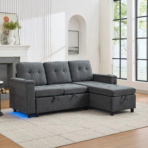 Ex-Display L-Shaped Sofa Bed 3-Seater with Storage Cup Holders Grey