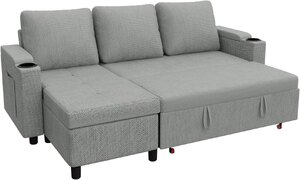 Ex-Display L-Shaped Sofa Bed 3-Seater with Storage Cup Holders Grey