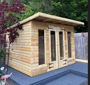 Wooden Pent Roof Summerhouse With Double Doors And Glass Glazed Panels, Natural