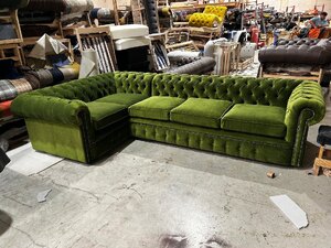 Ex-Display Handmade Corner Sofa Pine Green Fabric Chesterfield Sofa, Settee