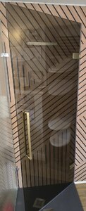 Majestic Maine 800mm Hinged Walk-In Shower Panel in Bronze Glass with Brushed Brass Hinges Ex-Display
