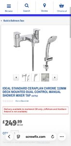 Ideal Standard Ceraplan Dual Control Bath Shower Mixer Tap - Chrome Ex-Display