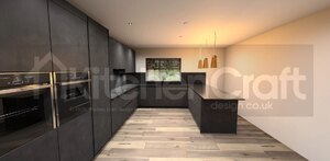 Hacker German Fully Built Cancelled Order Kitchen in Putty Concrete Black and Cognac Oak