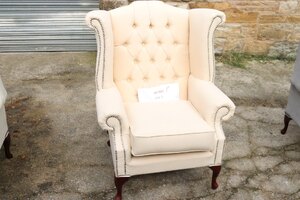 Fabric High Back Armchair, Linen Cream, Silver Studding, Good Condition, Ex-Display