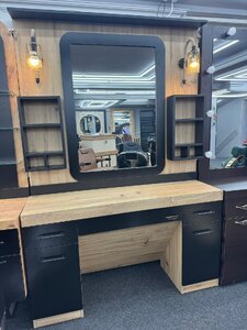 2X Barber Station Unit with Mirror & Storage – Black & Wood Finish – Ex-Display