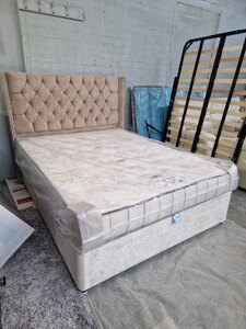 Kingsize Bed – Ex-Display Winged Chesterfield Style Floor Standing Headboard, Tufted Medium Firm Foam Mattress and Slightly Used Divan Base