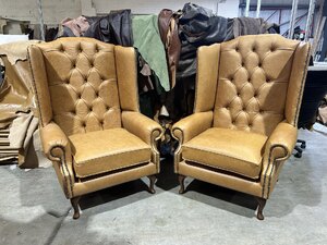 Pair of Ex-Display Chesterfield Tan Leather Wing Chairs