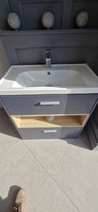 Sonas Blue 2 Drawer Vanity with Oak Shelf, Sink and Chrome Tap, Floorstanding, Ex-Display