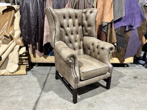 Ex-Display Chesterfield Leather Wing Chair in Multicoloured Fabric