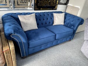 Ex-Display Clearance 3 Seater Chesterfield Fabric Sofa in Blue Velvet