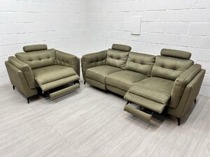 Sofology Muse Power Recliner 3 Seater and Cuddle Chair Set, Olive Green, Ex-Display