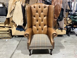 Ex-Display Tan Leather With Spruce Tweed Fabric Chesterfield Wing Chair