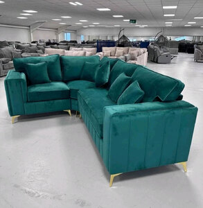 Lilly Corner Sofa, High Back, Emerald Green Plush Velvet, Upgraded Seating