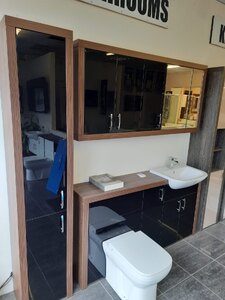 Olivewood and Black Gloss Bathroom Fitted Furniture Set with Wall Unit, Ex-Display