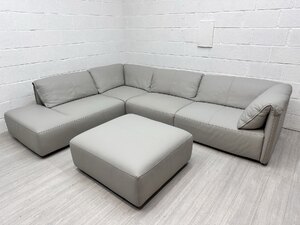 Sofology Tessuto Modular L-Shape Corner Sofa And Footstool In Grey Leather Ex-Display