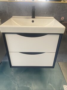 Ex-Display Wall Hung Vanity Unit Basin with Lights, Navy Blue & White, 60cm