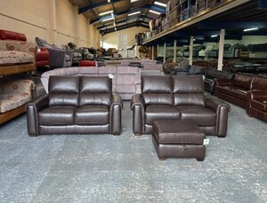 Ex-Display Nixon Dark Brown Leather Pair of Two Seater Sofas and Footstool