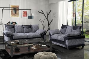 Ex-Display 3+2 Sofa Set Dino Fabric Jumbo Cord Grey And Black Leather