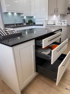 Ex-Display Dove Grey Island with Black Quartz Waterfall Worktop