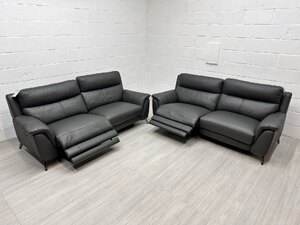 Furniture Village Contempo Leather Electric Recliner 3+3 Sofa Set in Charcoal Dark Grey