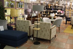 Floor Lamp with Shelves, Black Frame, Wood Shelves, Round Grey Shade - Ex-Display