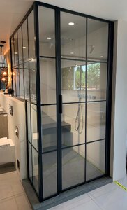 Ex-Display Drench Black Matt Clear Glass Shower Door and Side Panels by Bathcabz
