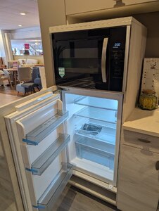 Ex-Display Midi Height Kitchen Unit With Combi Microwave And Fridge In Beige