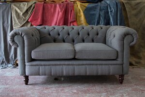 Handmade 2 Seater Grey Luxury Fabric Chesterfield Sofa Clearance