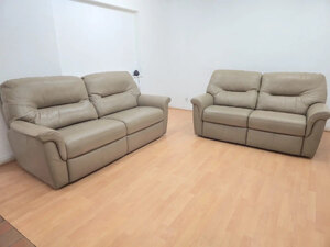 Delivery Available - Ex-Display G Plan Full Leather Beige 3 and 2 Seater Sofas