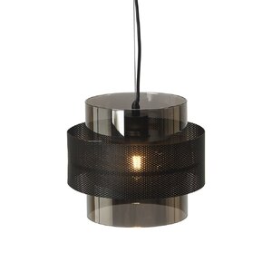 Hasden Large Chrome Glass Drum Pendant with Black Mesh Detailing