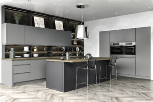 Handleless Matt Dust Grey Kitchen Units, Rigid Built, Blum Soft Close