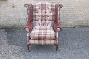 Chesterfield High Back Armchair, Ex-Display, Real Leather and Tartan Fabric, Red